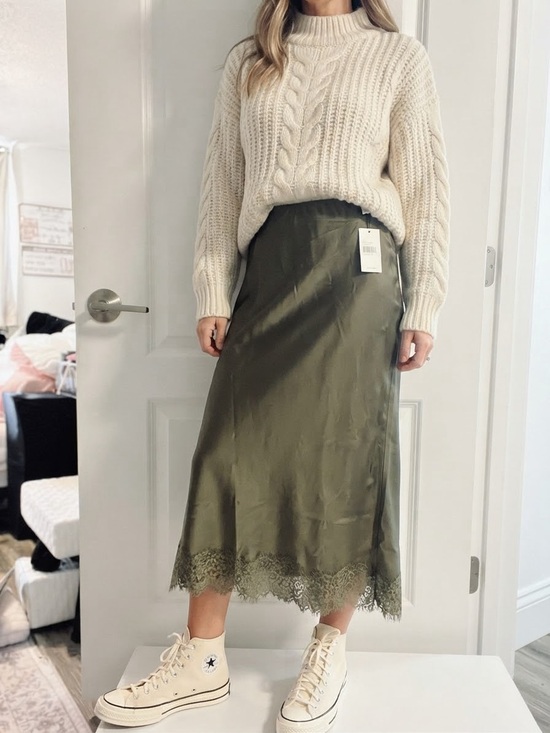 Dresses & Skirts - Olive Lace-Hem Satin Midi Skirt - Olive